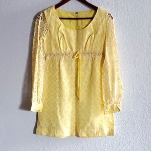 60s yellow daisy dress sheer lace sleeves Rhinestone applique empire waist